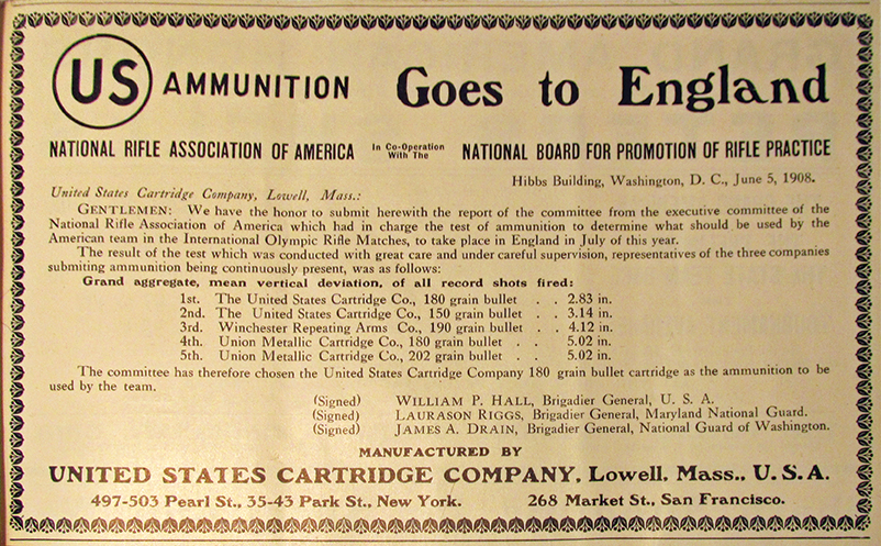 US Cartridge Company ad “US Ammunition Goes to England” (from Forest and Stream summer 1908.)